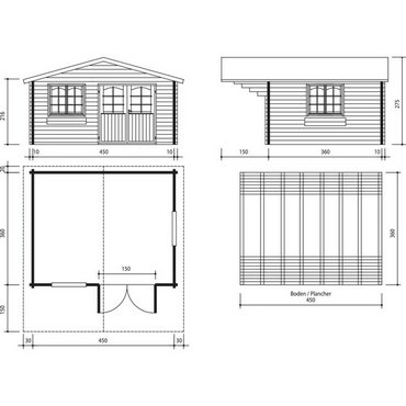 Blockhaus LUCA inkl Dachp.inkl.Heimlie 450x360x216/275 cm, (Türe im Pack) 